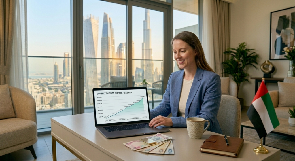 save money Dubai 2026 expat savings growth monthly