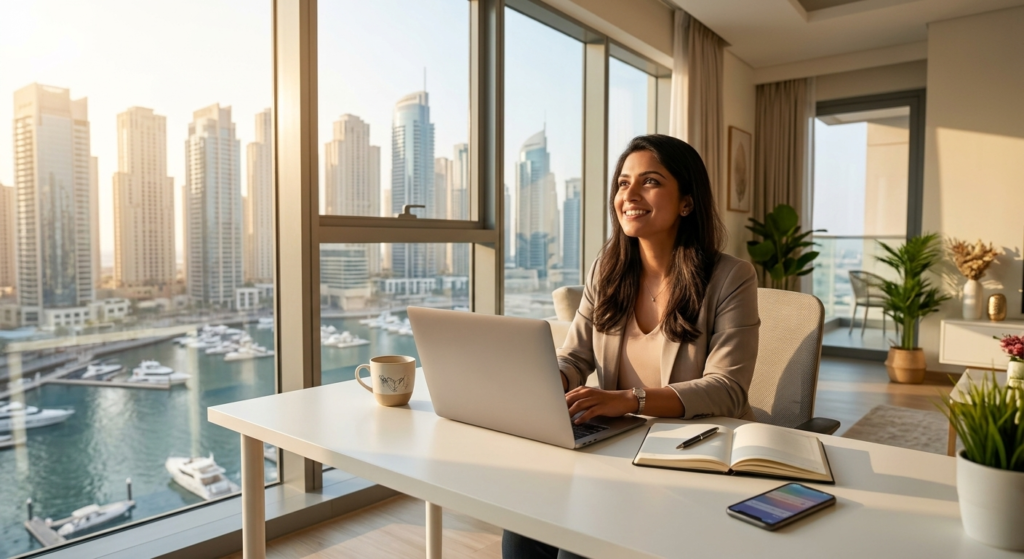 remote work for women in Dubai 2026 home office laptop